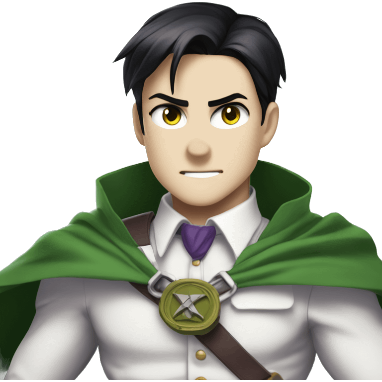 captain levi attack on titans emo black hair wearing a white button down shirt and a green cape saying short king in purple emoji