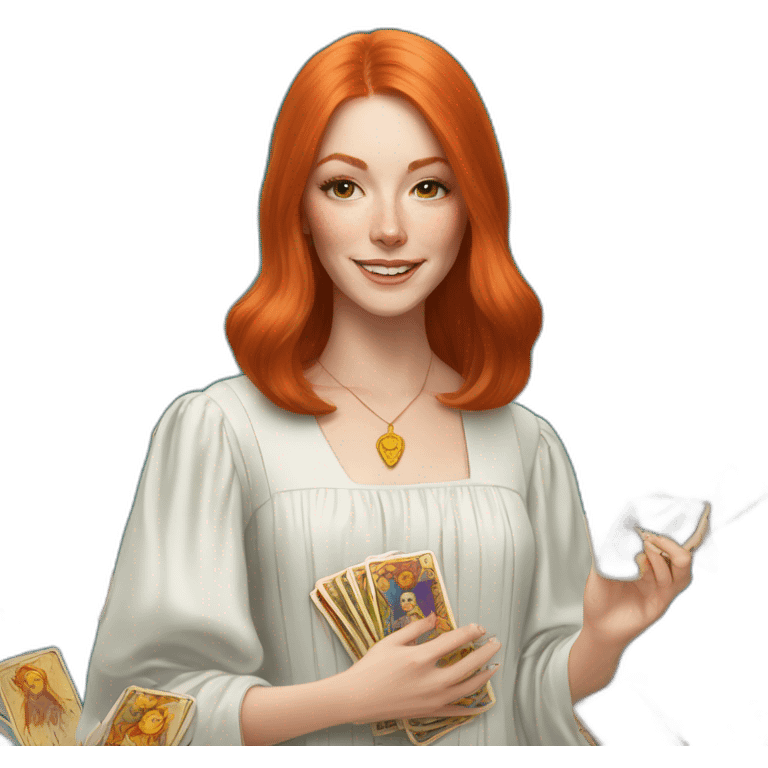 redhead white woman medium long straight hair, celebrating graduation with tarot cards emoji