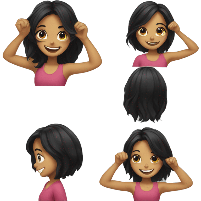 Girl with black hair doing hair flip while smiling sassy emoji