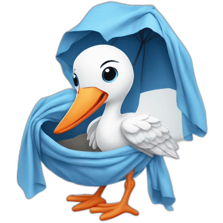 White stork carrying a blue bundle of cloth in its big beak that has a cute human person cute baby boy inside and his head is peeking from the fabric the strok is carrying in its beak emoji