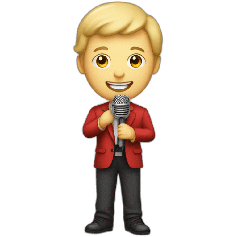 white light skin man person in theater standing on a stage with red curtains holding a microphone smiling with light hair emoji