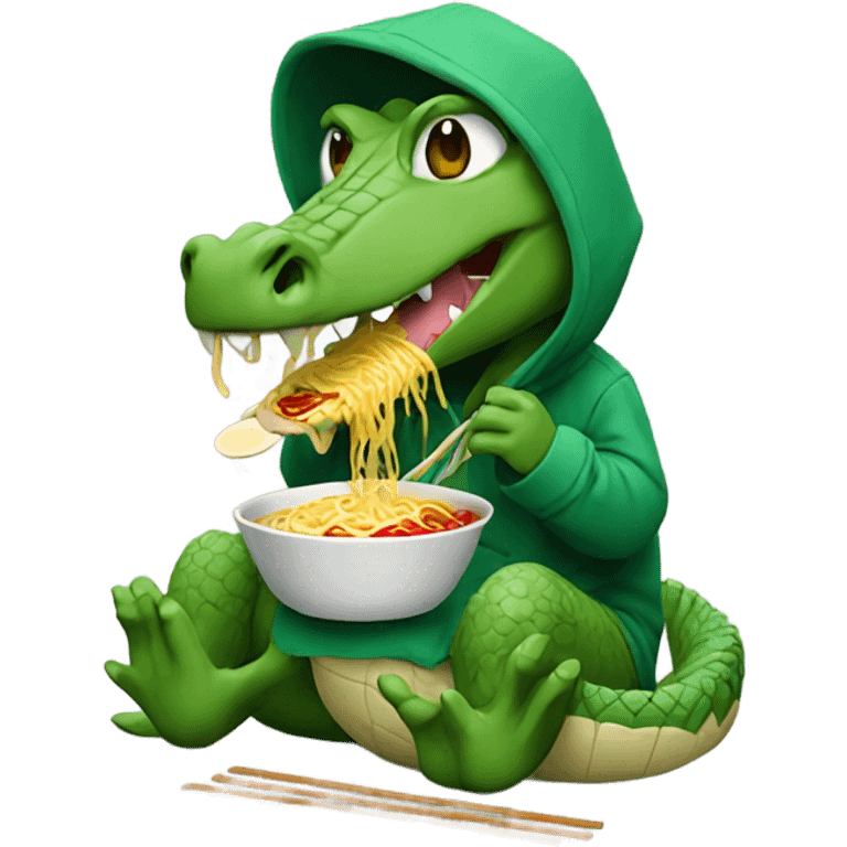 Crocodile eating ramen with a hoodie while crying emoji