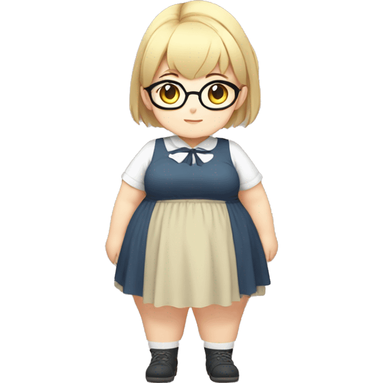 Chubby anime girl with glasses and short blond hair, full body wearing cute dress emoji