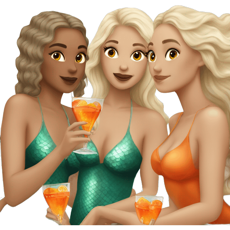 Three beautiful mermaids (light skin) drinking aperol emoji