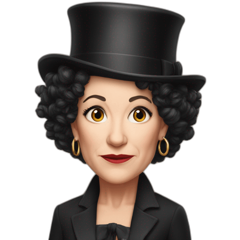 Susie Essman wearing a top hat and hoop earrings looking annoyed emoji