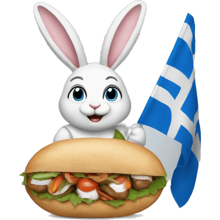 Easter bunny wearing a Greek flag holding a gyros emoji