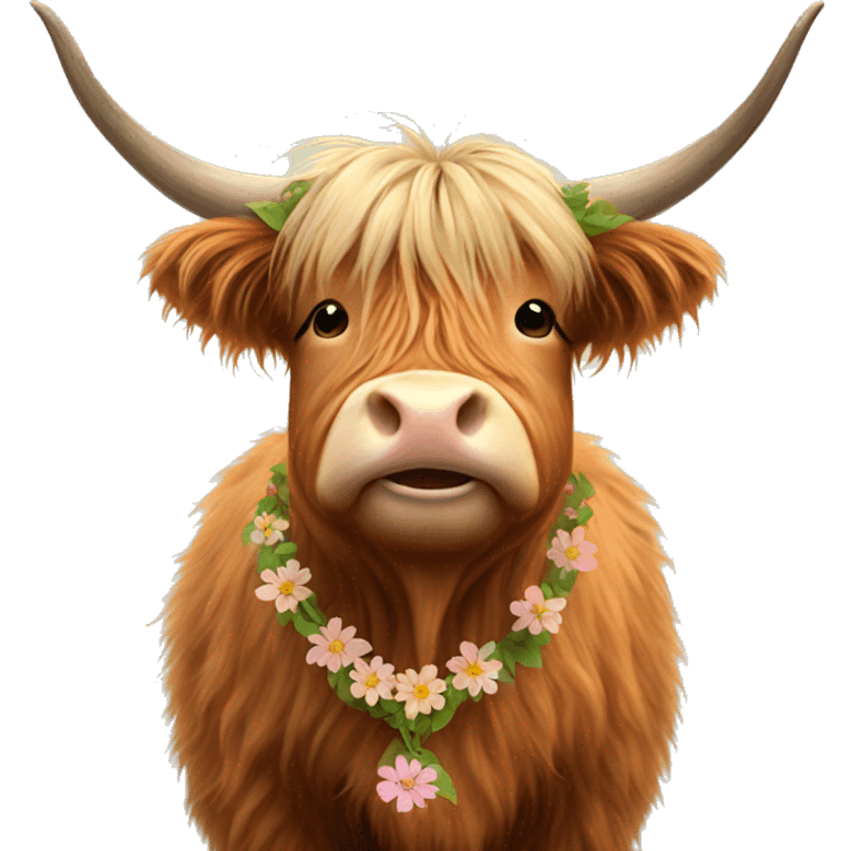 Happy Highland cow with flower necklace  emoji