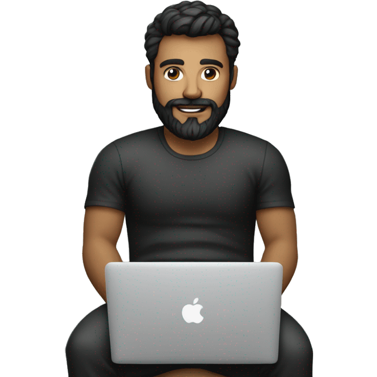 Hombre con barba con canas vestido de negro en bicicleta con una macbook y un iphone emoji