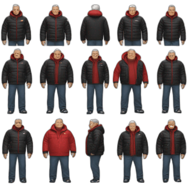 60 years old white men a bit fat with black and red supreme north face jacket emoji