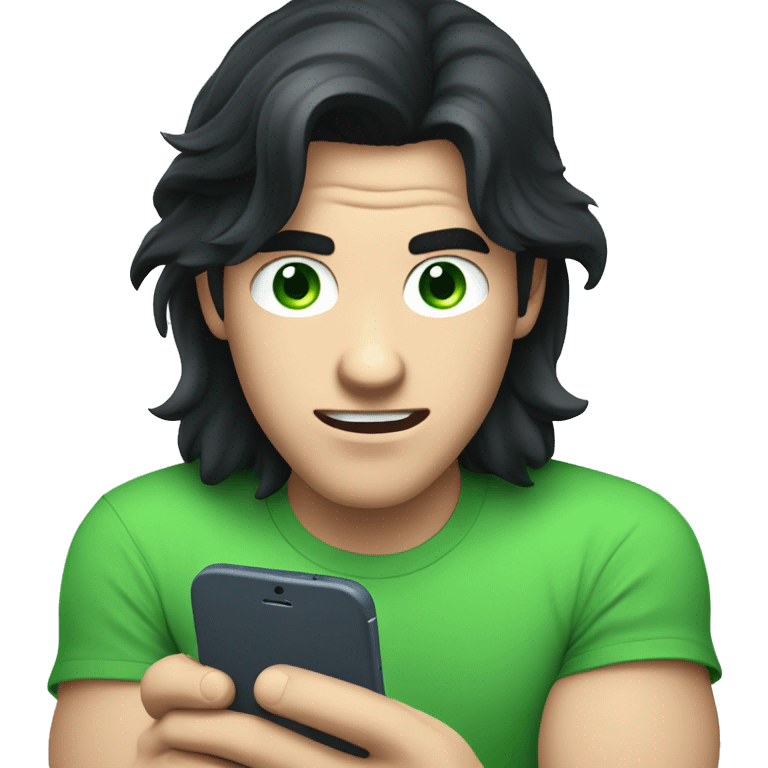 a guy with blue eyes, long black hair, white skin, green tshirt, with a phone in his hand, looking at his phone hypnotised. emoji