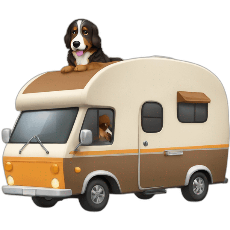 bernese mountain dog driving a camper with a brown hair girl emoji