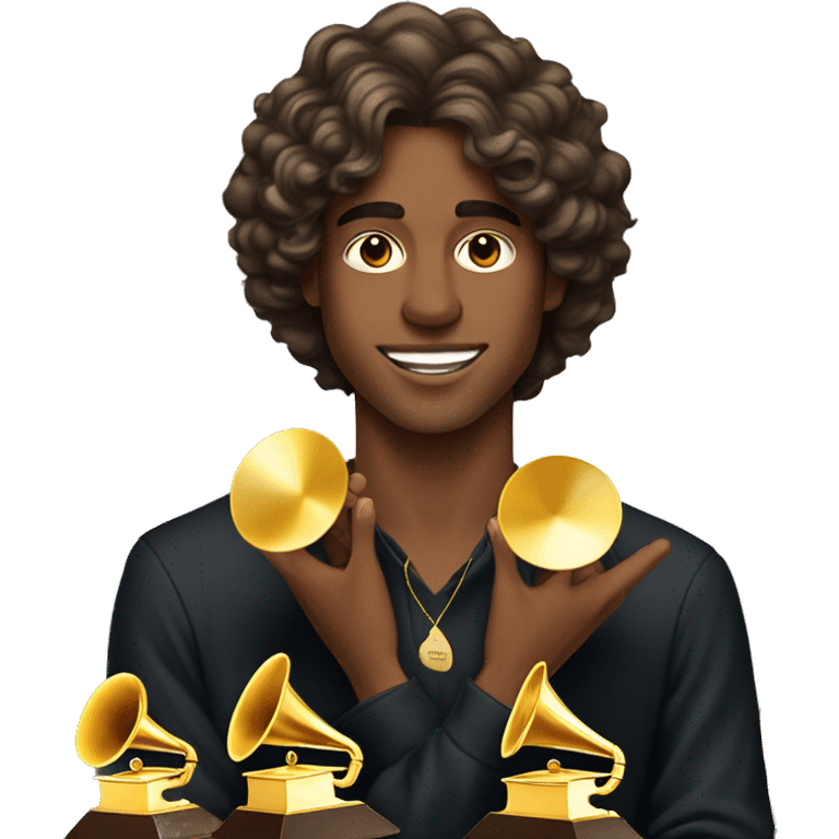 pretty brown boy, straight wavy medium hair, holding 4 grammy awards emoji