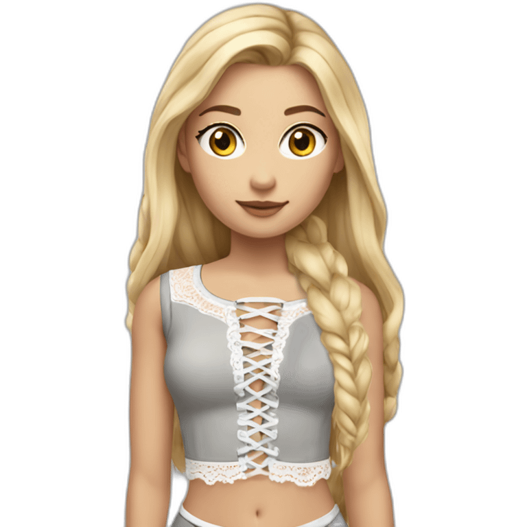 realistic nordic woman, long straight blonde hair, white lace up crop top, grey mini skirt, body emoji