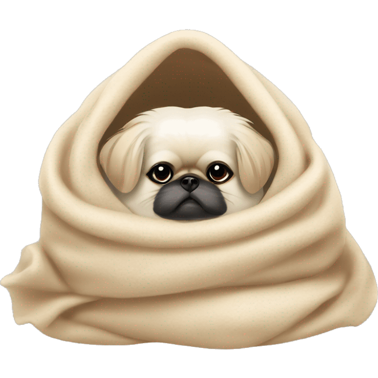 White Pekingese cozy in beige blanket emoji