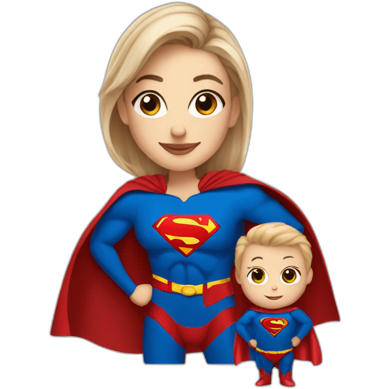 mother white skin light brown hair dressed as Superman with a cape holding a blondbaby emoji