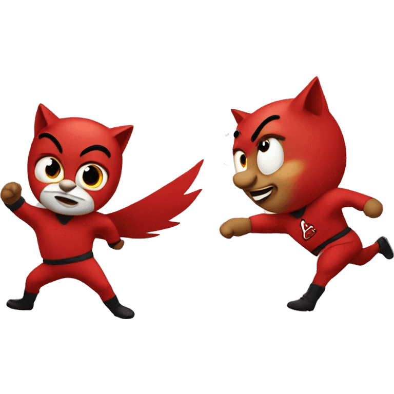 Cartoon cardinal kicking cartoon wildcat emoji