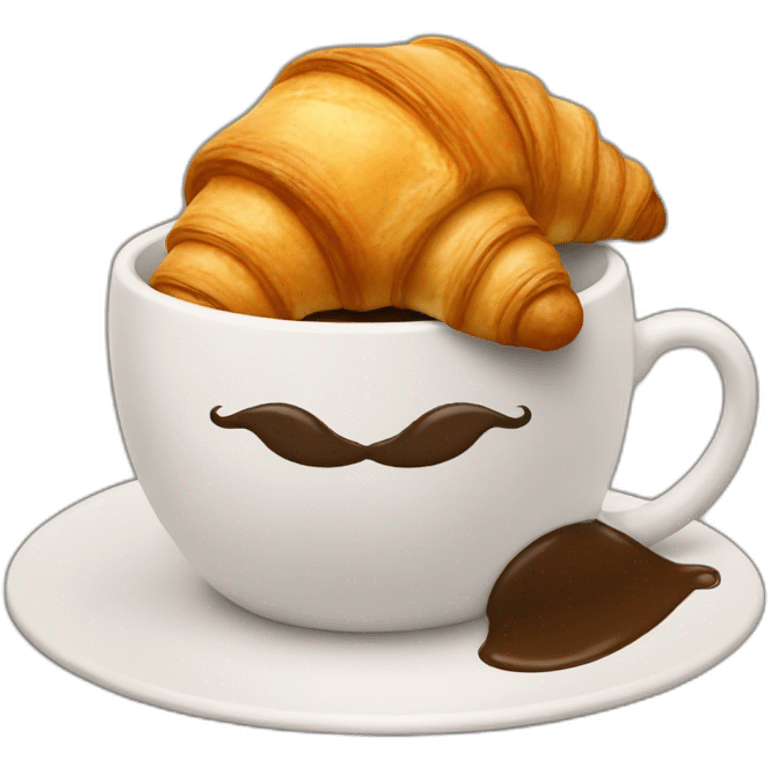 A croissant with a moustache that drinks a cup of coffee emoji