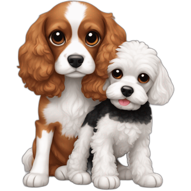 white and ginger  cavalier king charles spaniel and black mini poodle cuddle each other  emoji