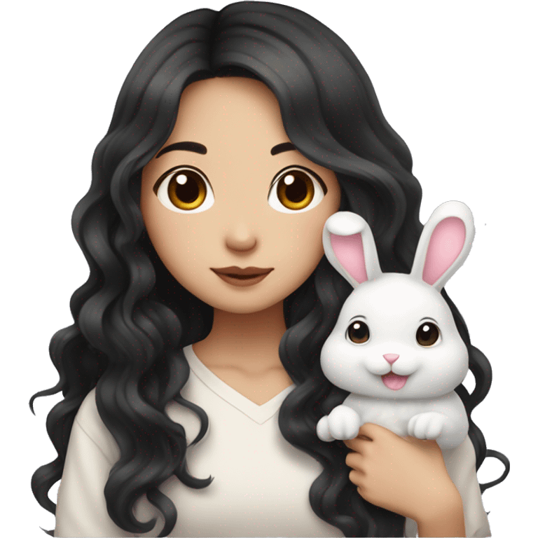 Asian girl with long black wavy hair with cute bunny emoji