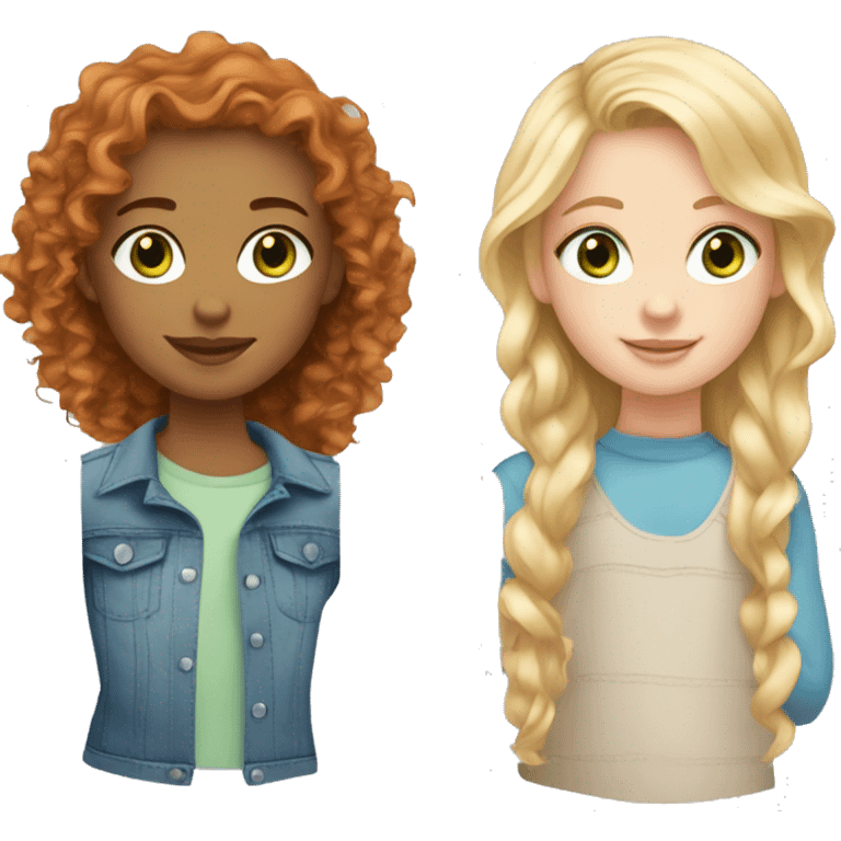 3 girls. Girl 1- wavey blonde hair and green eyes.  Girl 2- red curly hair brown eyes. Girl 3-light blonde hair blue eyes emoji