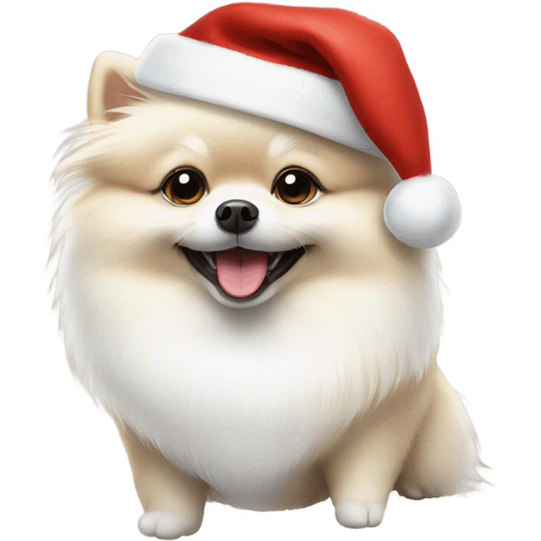 white pomeranian dog smiling with a christmas hat emoji