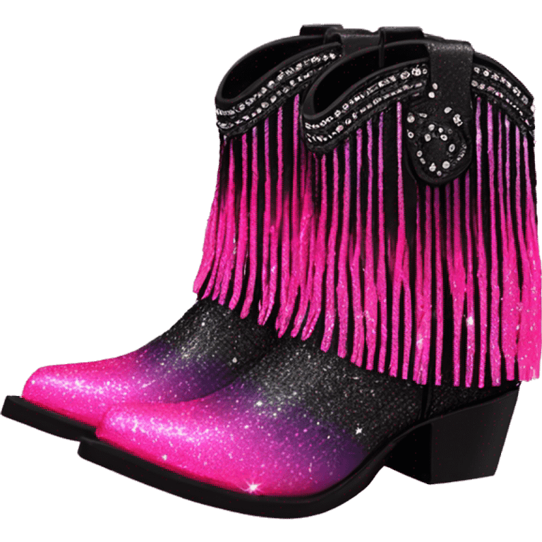 Realistic neon pink to black ombre pair of fashion cowgirl boots with sparkly shiny glitter fringe on them. emoji