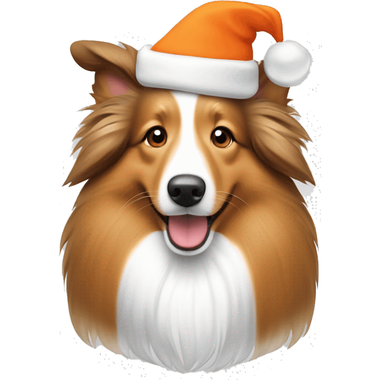 White, light brown and orange Sheltie dog with Christmas hat emoji