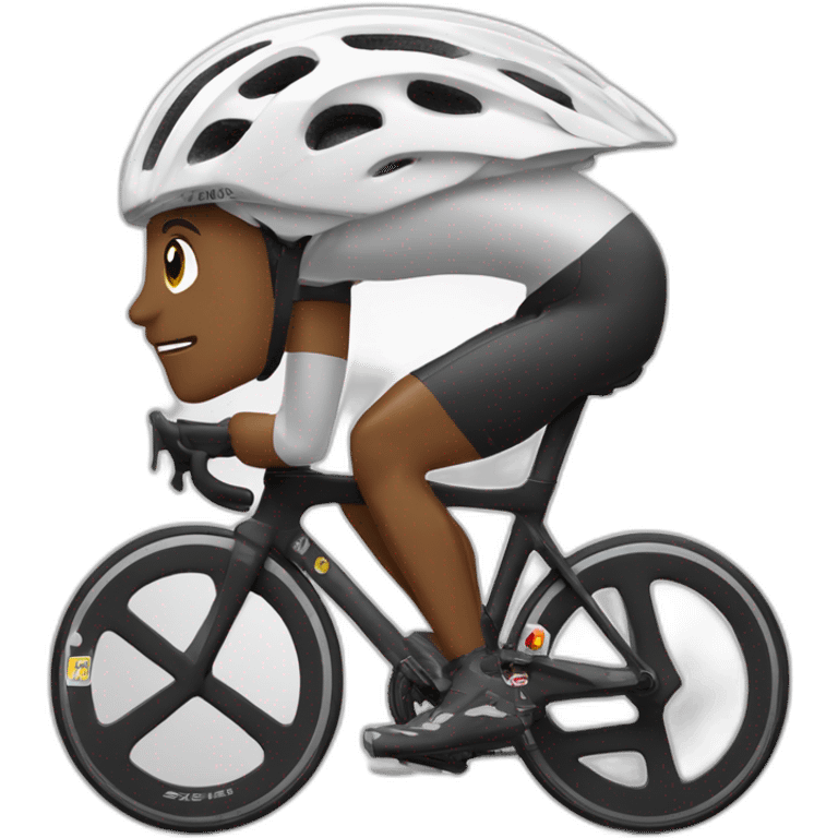 Ciclista-flaco-alto-barba negra- zapatillas de ruta blancas- casco blanco-licras negras-maillot blanco emoji