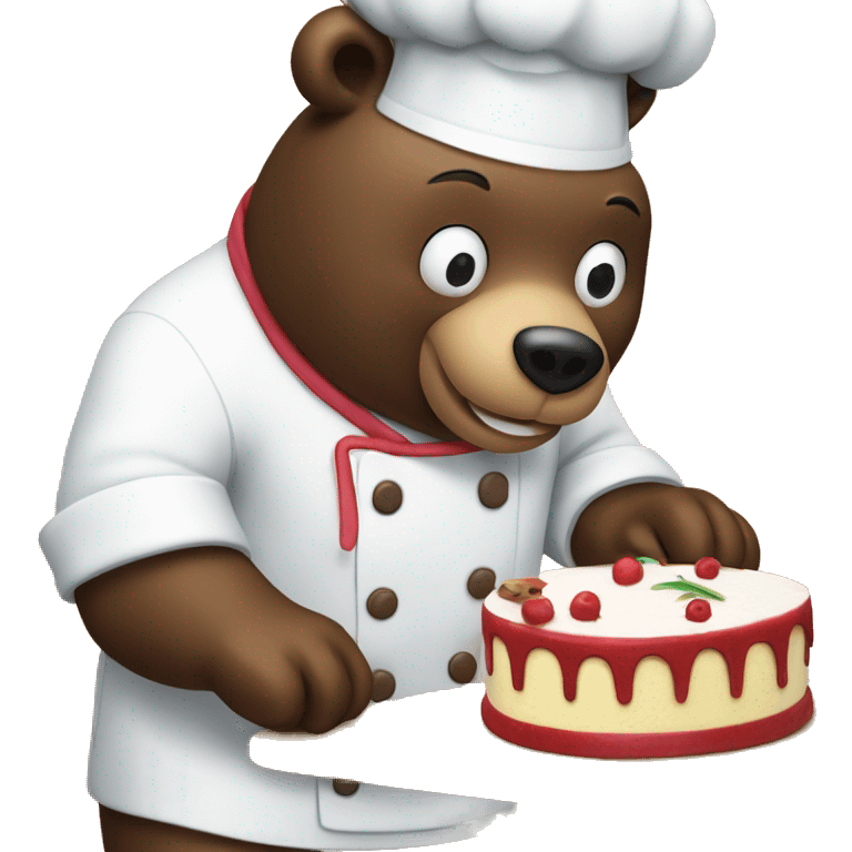 a bear chef slicing a cake on a cutting board  emoji