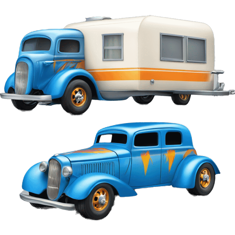 Hot wheels style, hot rod caravan,1935 pulling a  trailer, blue  emoji