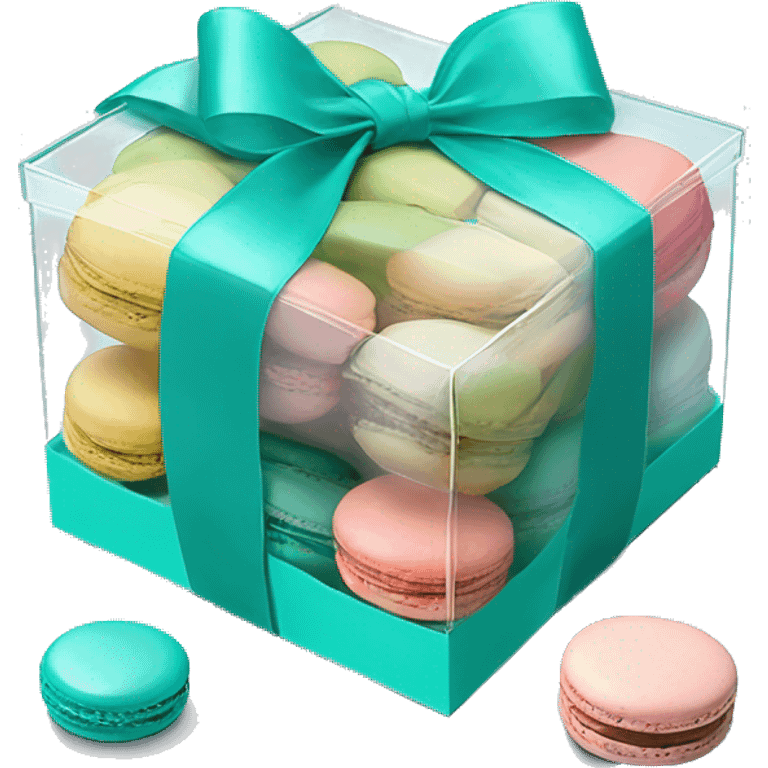 Realistic transparent plastic box with a tiffany blue ribbon and bow around the box and pastel macarons inside of it. emoji