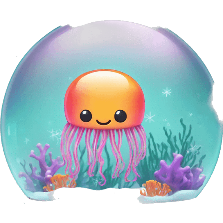 Kawaii neon cute jellyfish in an under the sea snow globe  emoji