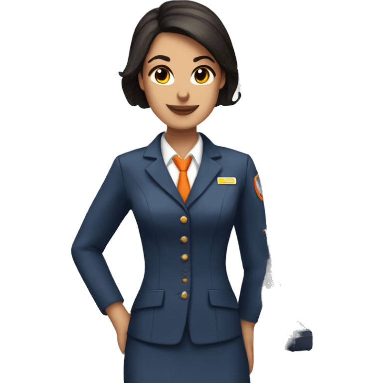 Dark hair brown eyed flight attendant with an all orange cat emoji