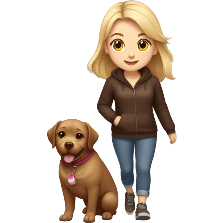 chubby girl with blond highlights in hair walking a chocolate labrador emoji