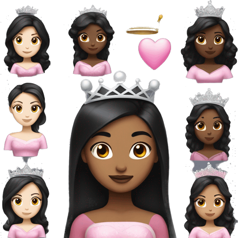 PRINCESS WHITE SKIN, LONG AND VOLUMOUS BLACK HAIR, WITH A PRINCESS CROWN, WITH PINK PRINCESS OUTFIT emoji