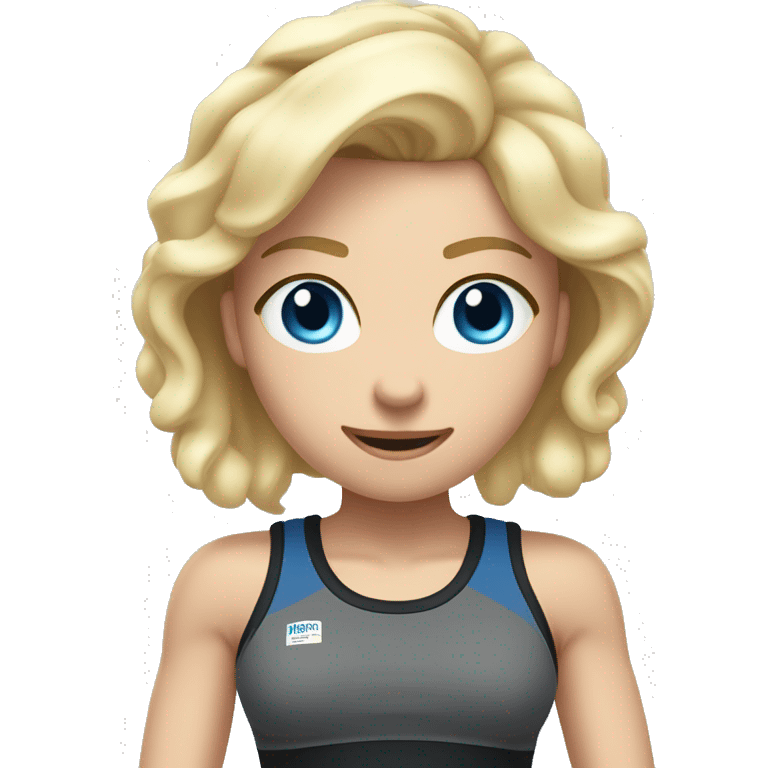 Close up Actively gesturing  with hands Pale skinned Fit woman With the biceps and blonde hair in dark gray Sleeveless Mike, black sports shorts, watch and white Sneakers and Blue Eyes  emoji