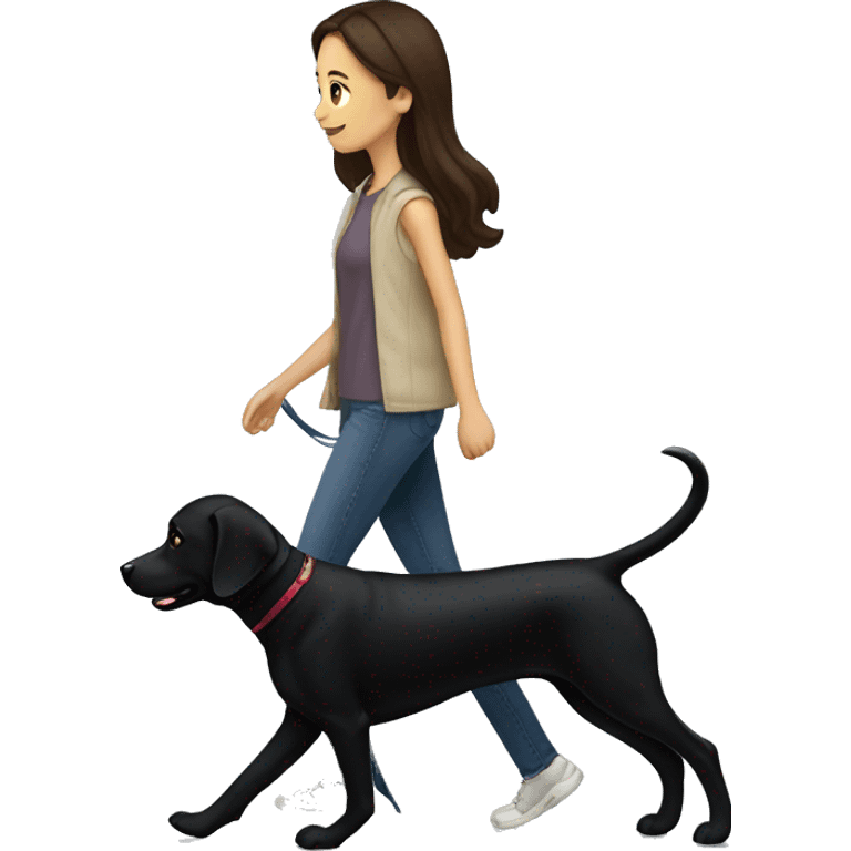 brunette girl walking a black lab dog  emoji