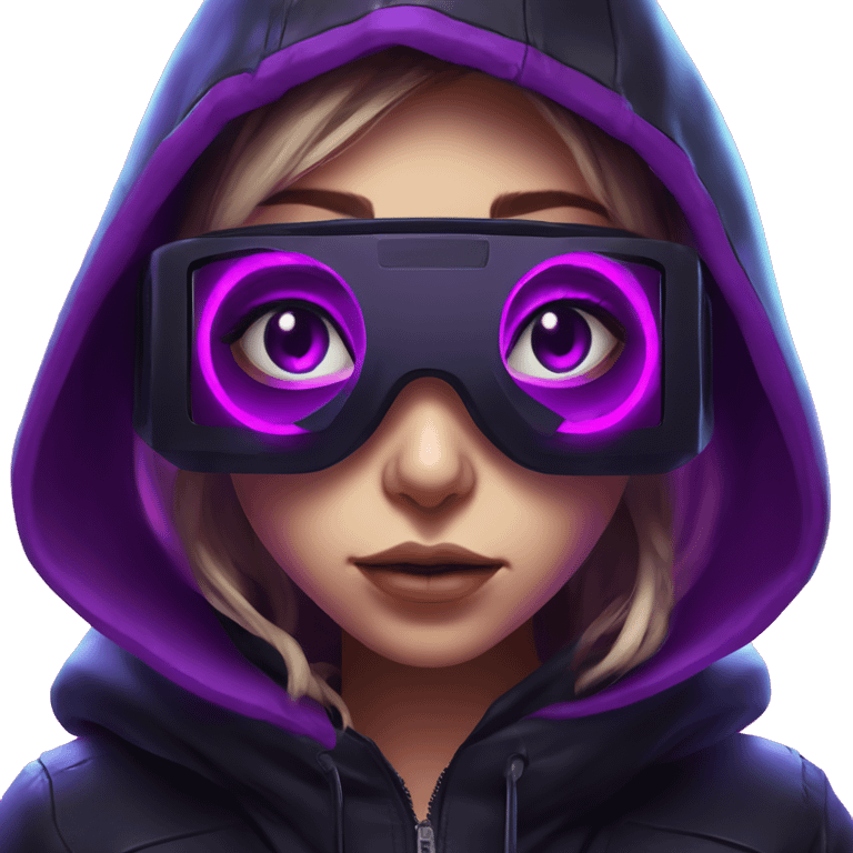 Russian girl wearing black hoody with violet letters "OMG", in vr headset. Cyberpunk style. Violet neon. emoji