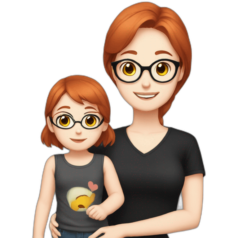 girl otaku redhead wearing glasses and black shirt with her daughter emoji