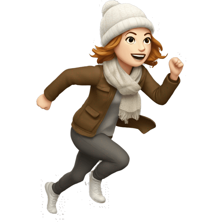 Emma Stone running, with a large stride and arms outstretched, wearing an Snow Hat Scarf, long golden brown hair emoji