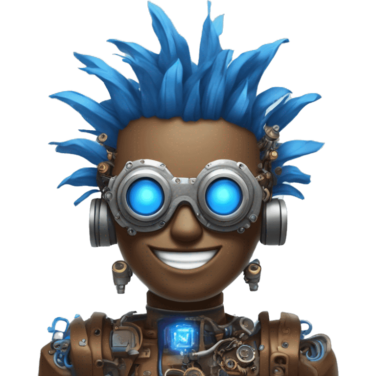 Brown cyborg head with blue Mohawk, blue beard, silver steampunk monocle goggles a smile and circuits emoji