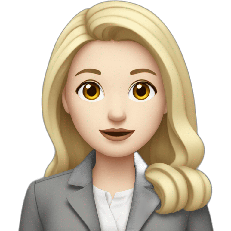 pale skin woman with cold blonde straight middle length hair, White blouse, Gray oversize jacket, Gray skirt holding a color palette in the hands emoji