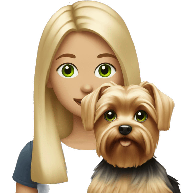 Girl with blond hair and green eyes with yorkie dog emoji