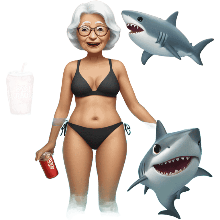 am old lady in a swimsuit with a baby shark in her hand that had a cola in his hand  emoji