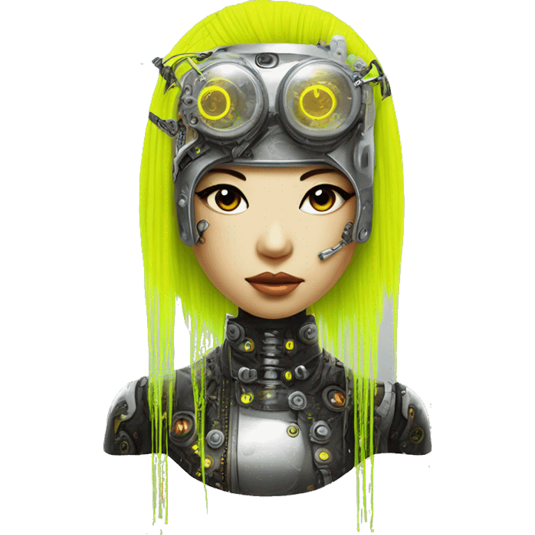 Neon yellow bobbed hair Asian female cyborg head with silver steampunk goggles and circuits emoji