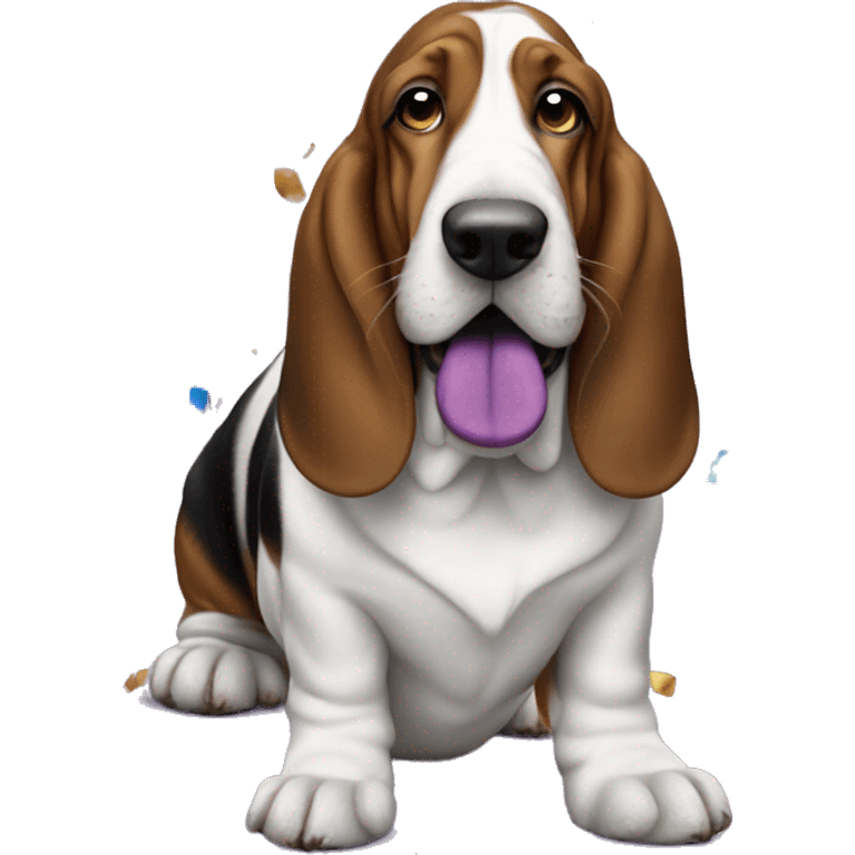 Basset hound partying purple blue confetti emoji