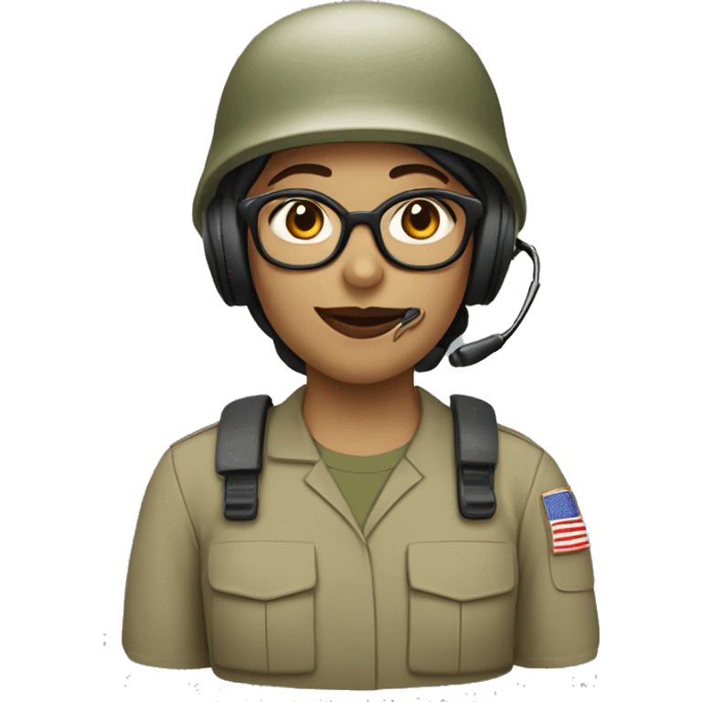 operator dressed in khaki color with a milatary helmet, with glasses, with headset, preferably female emoji