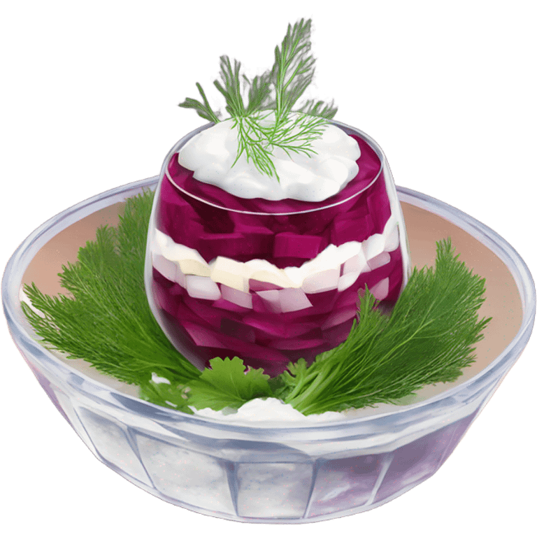 Shuba russian Layered Beet dish  with Herring and mayonnaise in Crystal bowl, dill on top  emoji