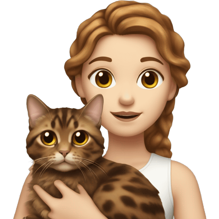 White girl with brown long wavy hair holding a tortoiseshell cat emoji