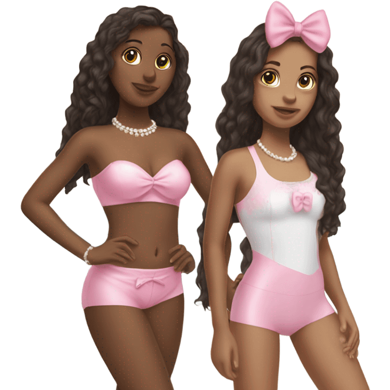 two teenage Latina best friends wearing pink. Long hair. Pink bows. Pearls. Light pink. Diamonds outfits. Two piece swimsuit emoji